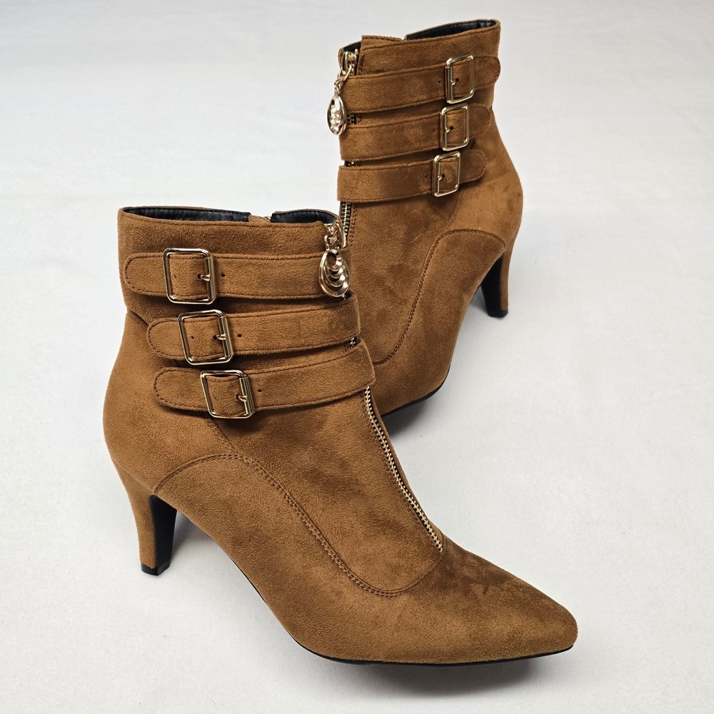 IDIFU‎ Women Brown Faux Suede Buckle Strap Front Zip Ankle Boots Size 10